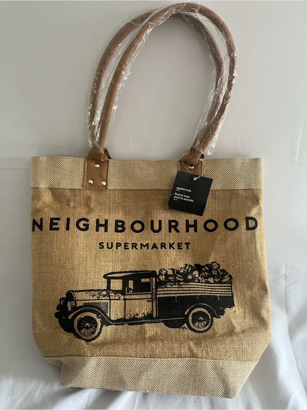 NWT French Market Jute Tote Bag Truck Burlap Farmhouse Shopper